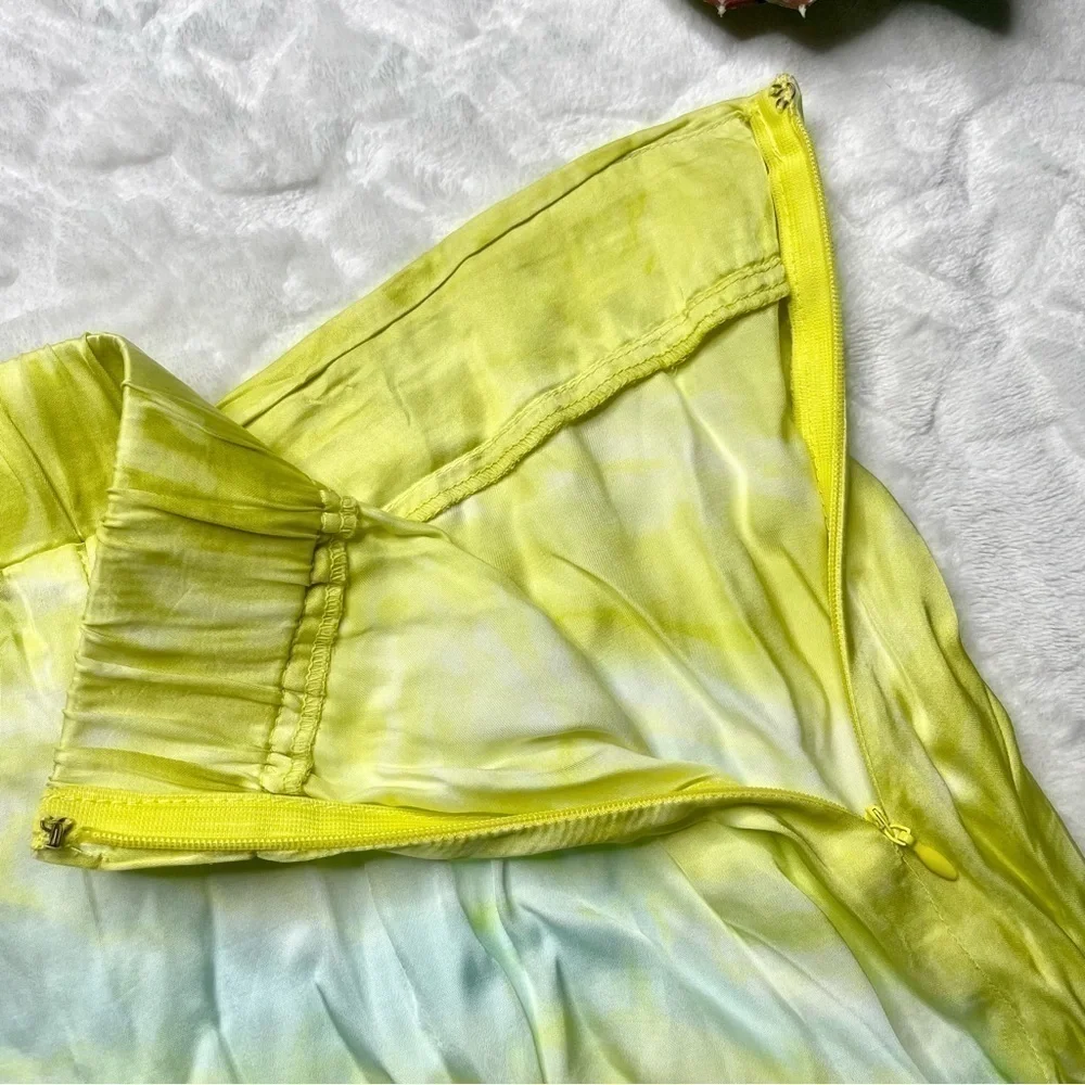 Young Fabulous & Broke Savanna Tie Dye Printed Satin Twist Midi Skirt Lime Small